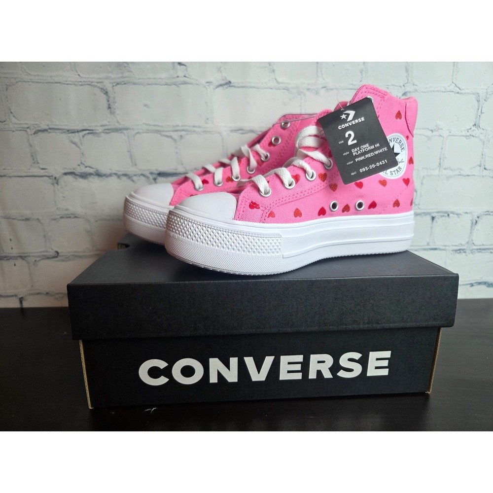 Converse Day One Platform Hi Pink Red Glitter Heart Sneakers A19332F Youth 2